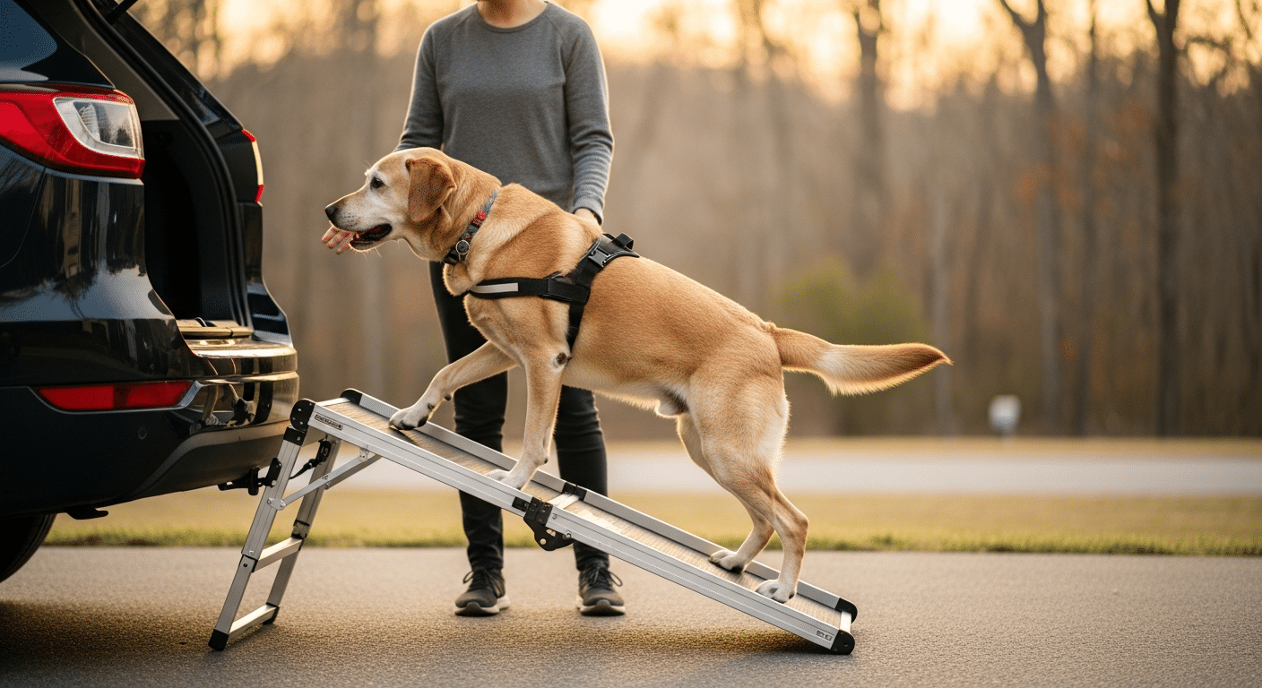 Senior Labrador with a greying muzzle walking up a non-slip telescoping dog ramp into the back of an SUV while the owner steadies it