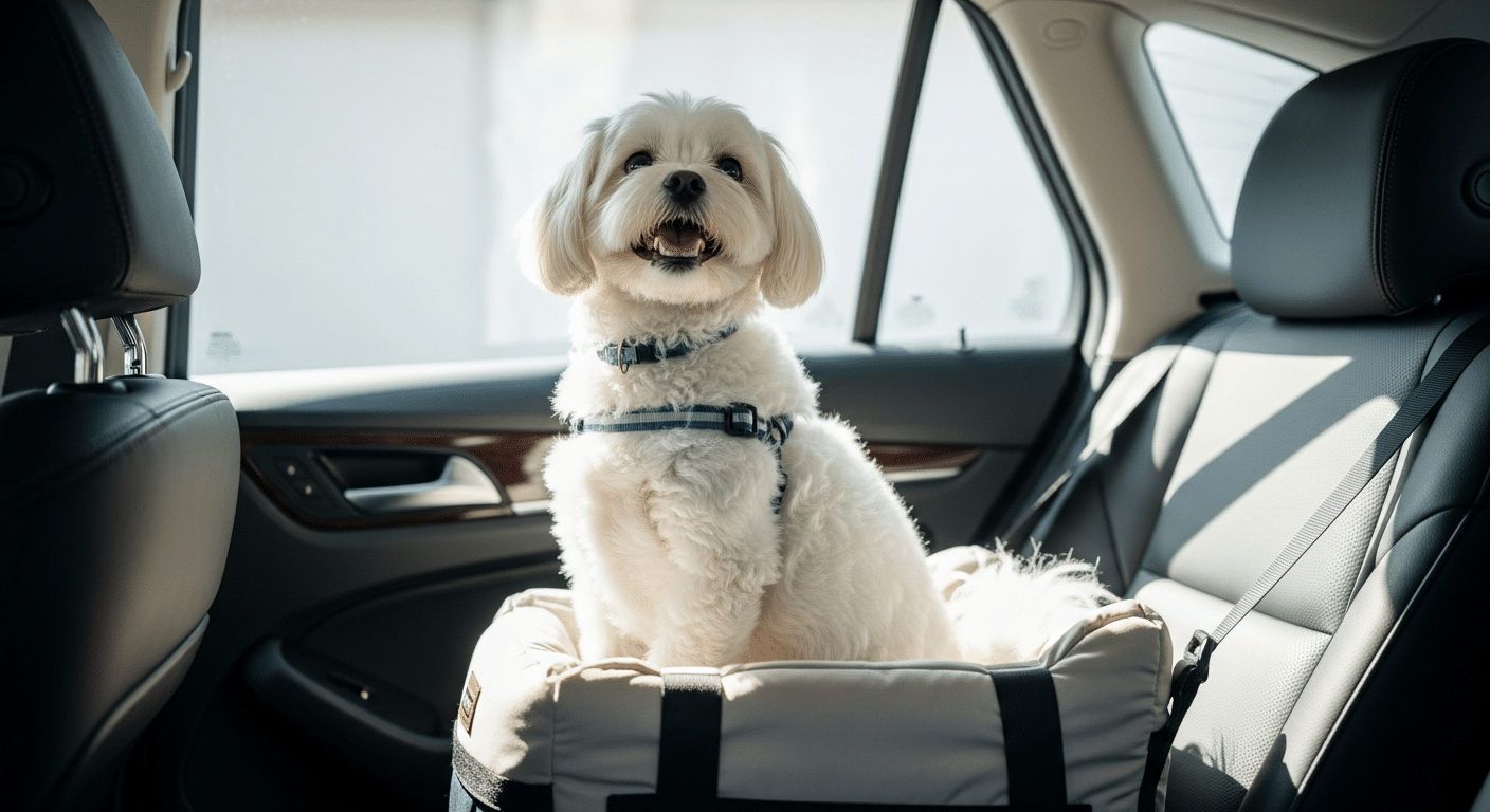 Best dog car seat — a small white dog secured in an elevated booster car seat with a harness tether in the back seat of a car