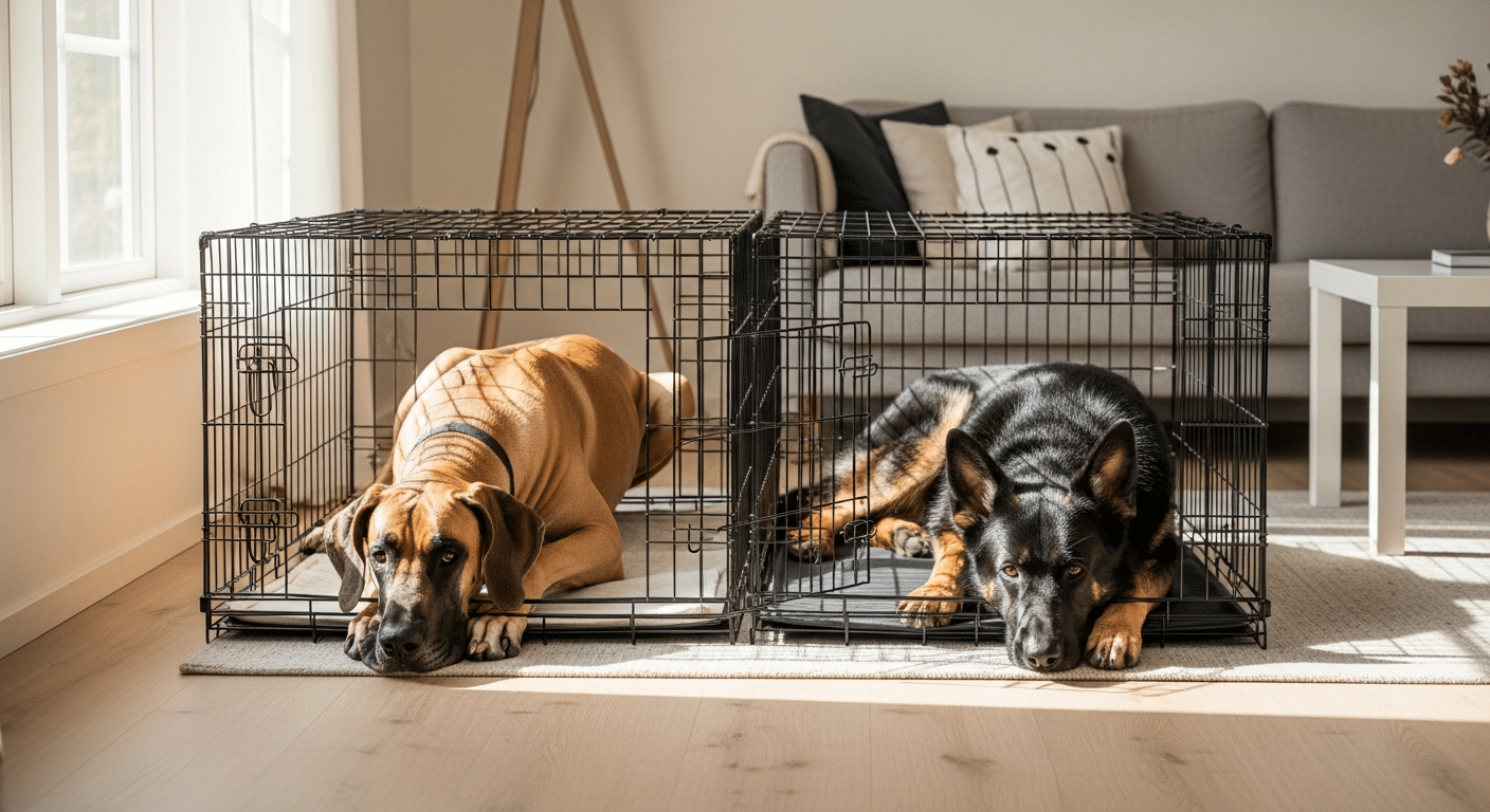 Best dog crate for large dogs — a Great Dane and a German Shepherd resting in roomy 54-inch and 48-inch wire crates in a bright living room