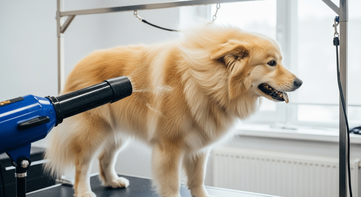 Large fluffy double-coated dog being dried on a grooming table with a high-velocity pet force dryer, fur blowing in the airflow