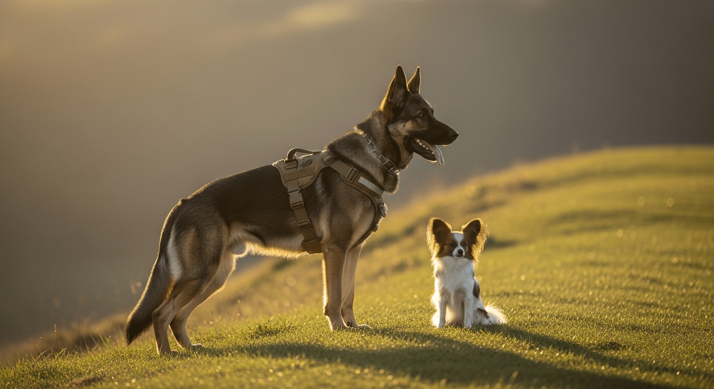 Best dog gear for little and large dogs — working dog and small dog in a field at golden hour