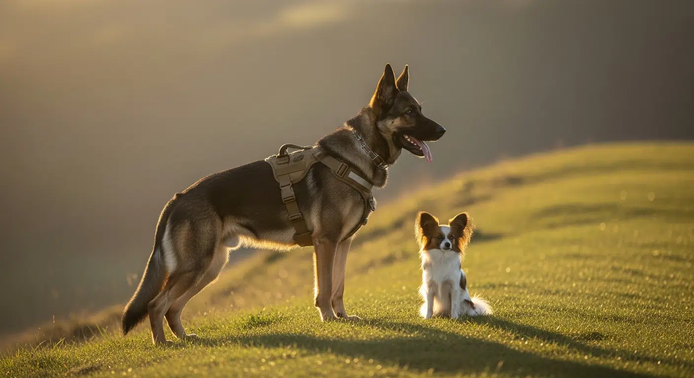 Best dog gear for little and large dogs — working dog and small dog in a field at golden hour