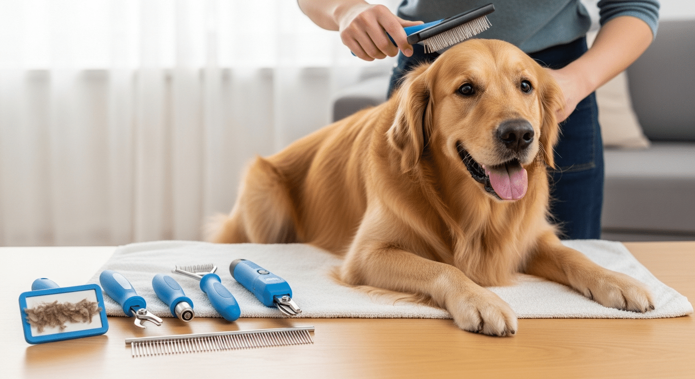 Golden retriever being brushed at home with a set of dog grooming tools laid out nearby