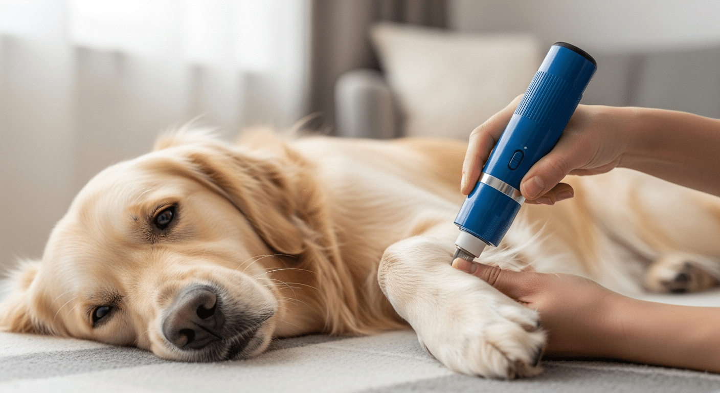 Calm golden retriever relaxing on a blanket while an owner gently trims a front paw nail with a quiet cordless electric dog nail grinder