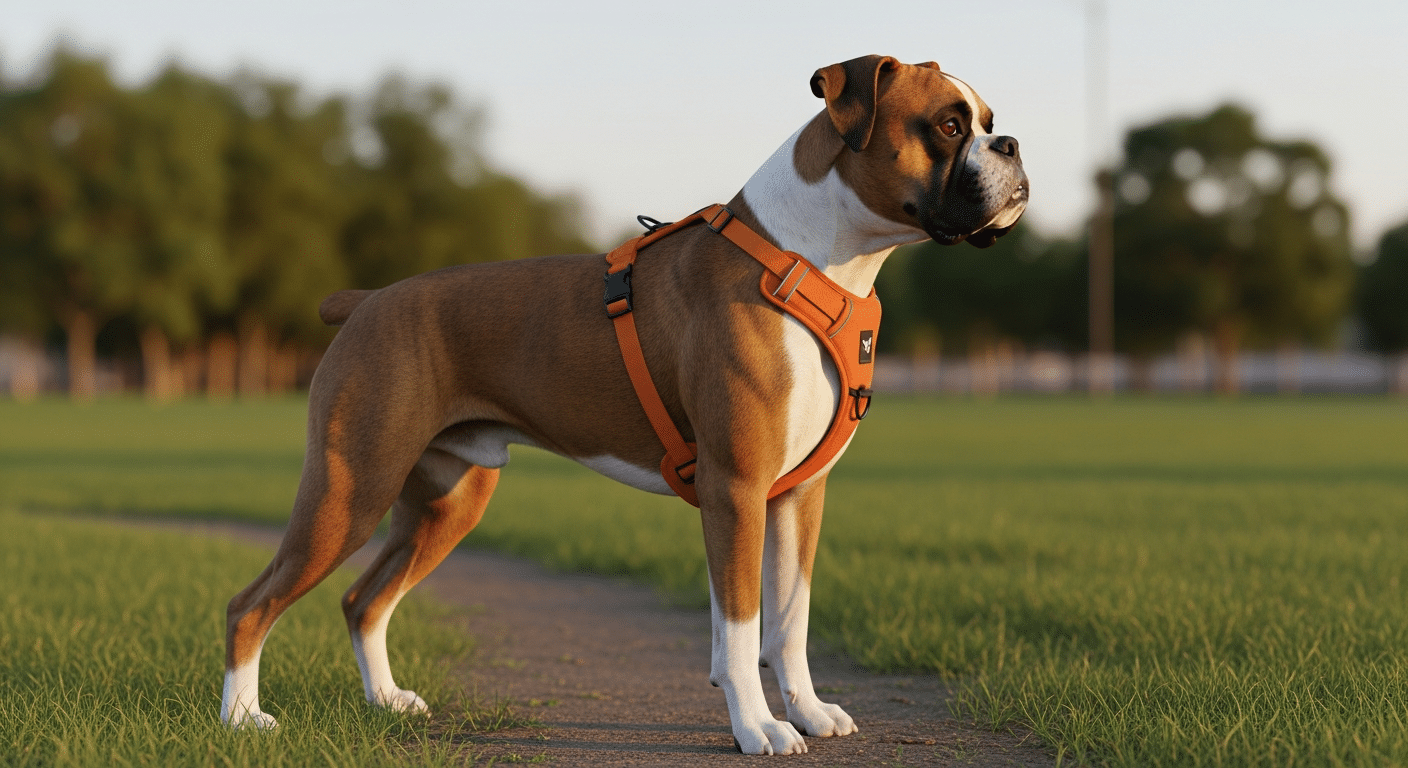 Best harness for a Boxer — a fawn Boxer wearing a padded orange no-pull harness with a front chest clip on a park path at golden hour