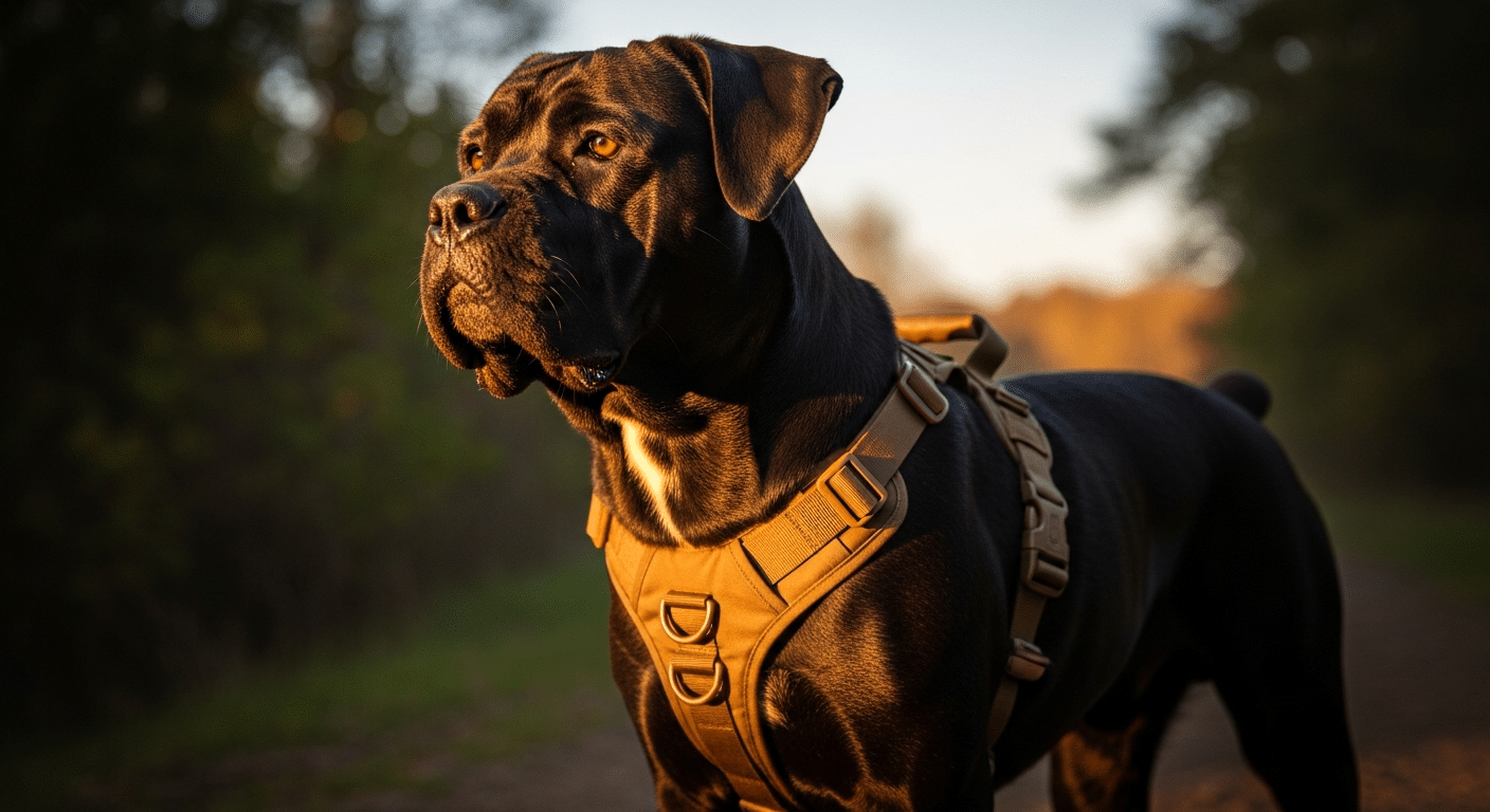 Best harness for a Cane Corso — a powerful black Cane Corso wearing a padded no-pull harness with a control handle on a trail at golden hour