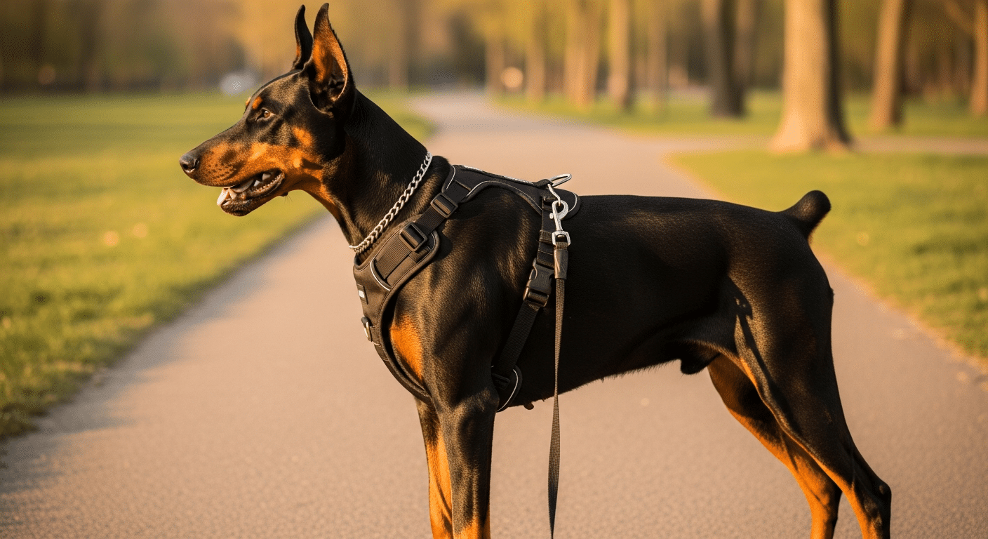 Best harness for a Doberman — a black-and-tan Doberman with a deep narrow chest wearing a padded no-pull harness with a front chest clip on a park path at golden hour