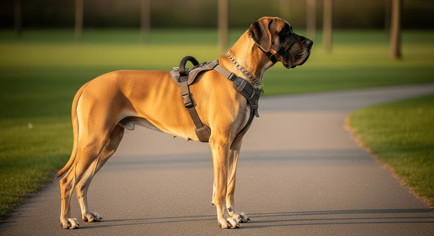 Best harness for a Great Dane — a tall fawn Great Dane with a deep chest wearing a padded heavy-duty harness with a control handle on a park path at golden hour
