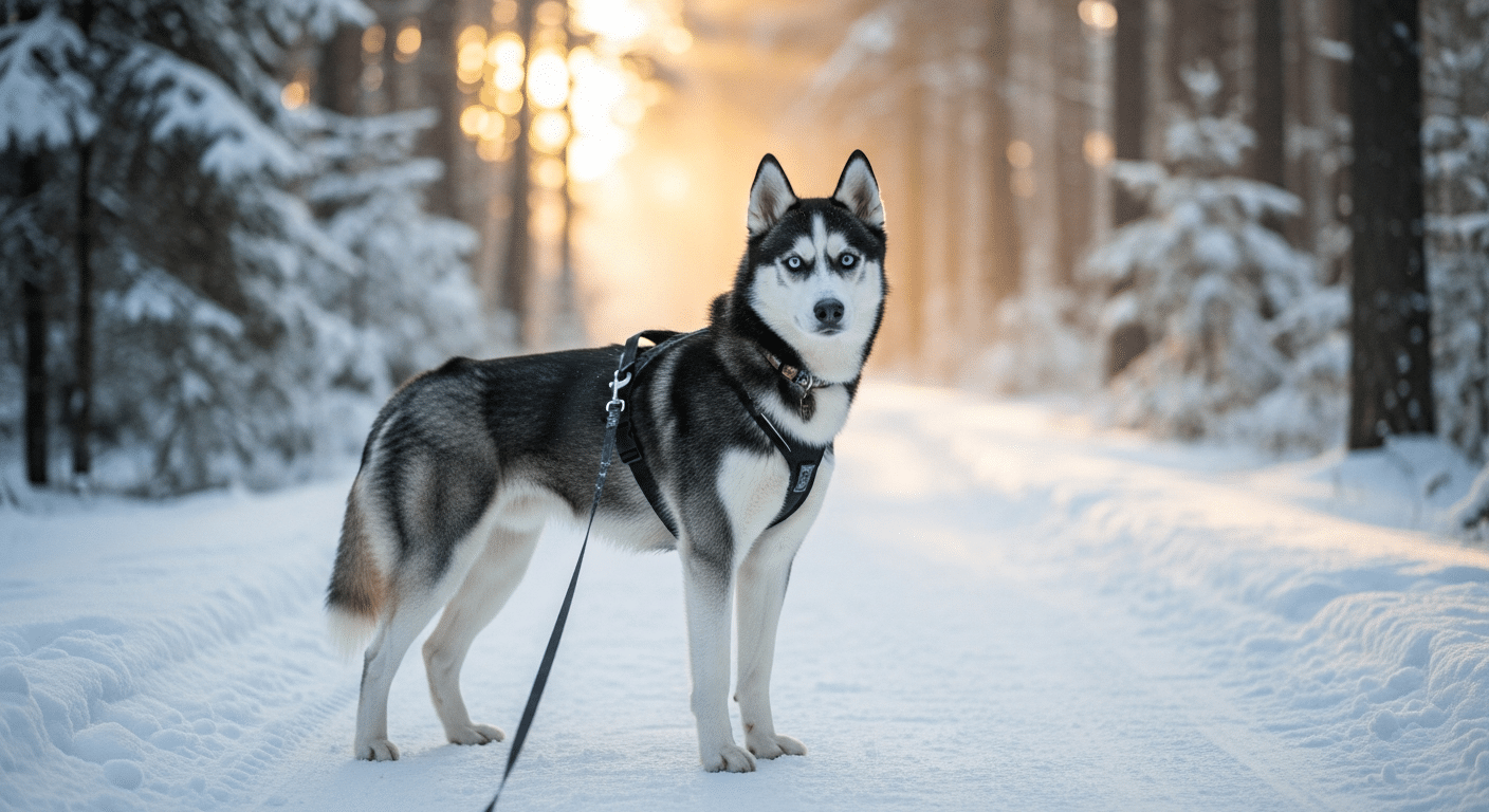 Best harness for a Husky — a black-and-white Siberian Husky with blue eyes wearing a padded no-pull dog harness with a chest strap and leash, standing on a snowy forest trail at golden hour