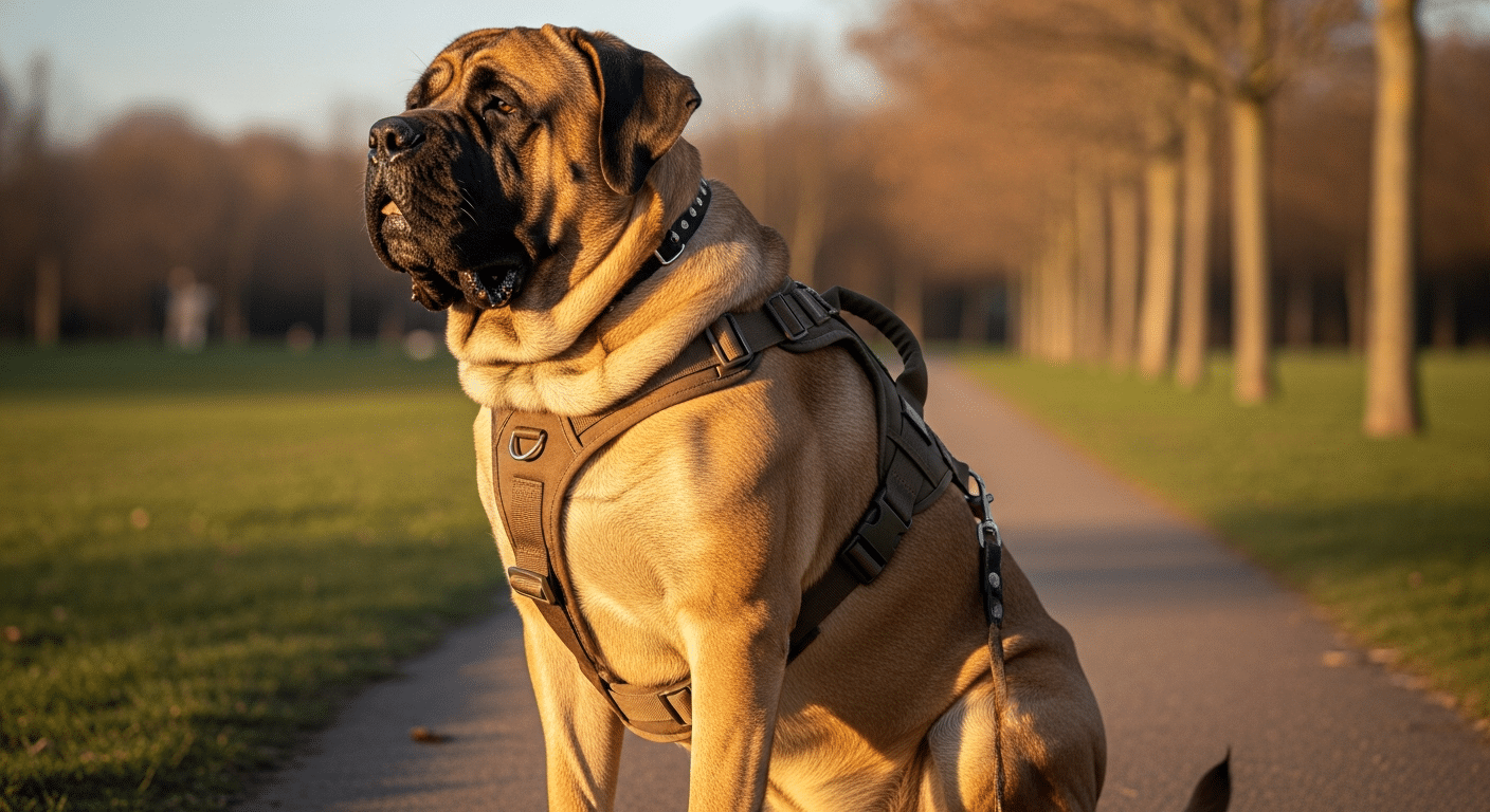 Best harness for a Mastiff — a massive fawn English Mastiff with a deep broad chest wearing a padded heavy-duty no-pull harness with a reinforced control handle on a park path at golden hour