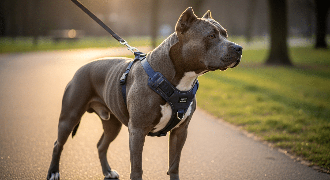 Best harness for a Pit Bull — a muscular, broad-chested blue Pit Bull wearing a padded no-pull harness with a front clip on a park path at golden hour