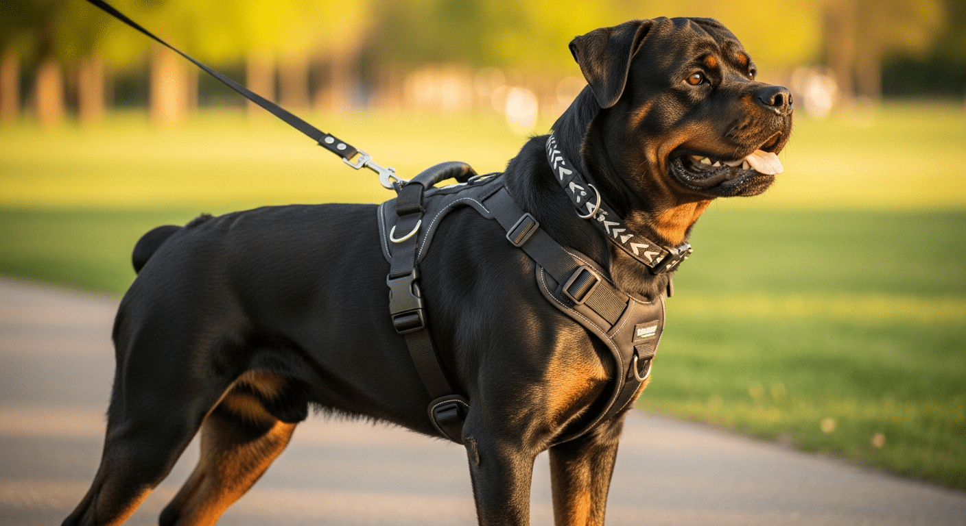 Best harness for a Rottweiler — a powerful black-and-tan Rottweiler with a broad, deep chest wearing a padded heavy-duty no-pull harness with a control handle and metal hardware on a park path at golden hour
