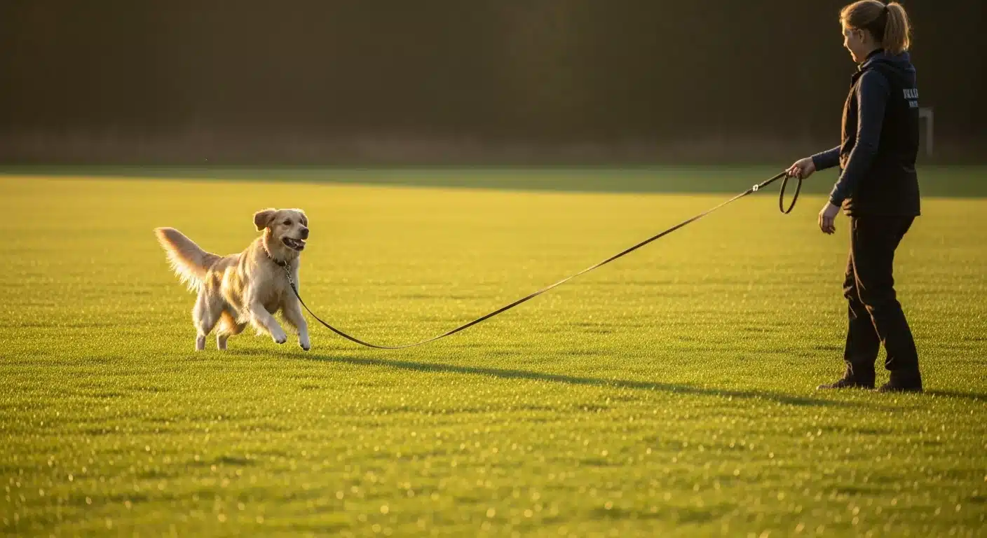 Dog trainer in open field holding a long training lead while golden retriever runs back on recall