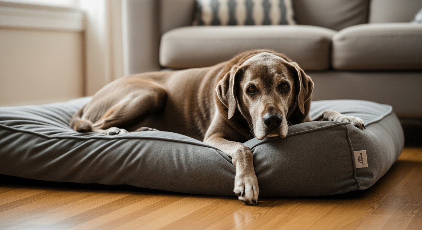 A large senior dog resting on a thick grey orthopedic bolster dog bed in a cozy living room