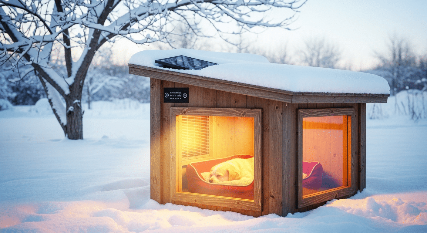 Best solar heated dog house for winter — a warm-glowing wood solar dog house with a rooftop panel in a snowy backyard