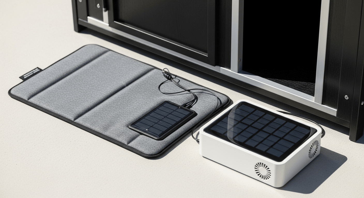 Best solar kennel heaters for dog houses — a solar heated pad and a small solar air heater beside a kennel
