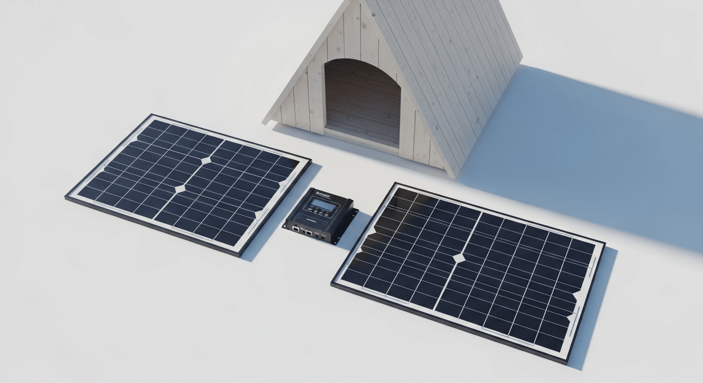Best solar panel kits for a heated dog house — two monocrystalline solar panels and a charge controller laid out beside a dog house in daylight