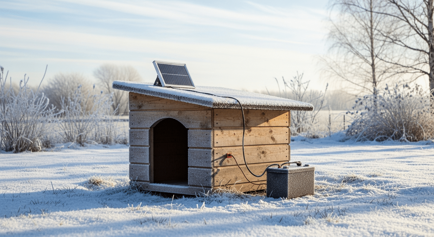 Best solar powered dog house for cold weather — insulated dog house with a roof solar panel and battery box in a frosty backyard