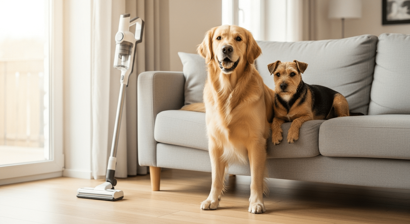 Two dogs on a living-room sofa with a cordless vacuum nearby on clean hardwood floor