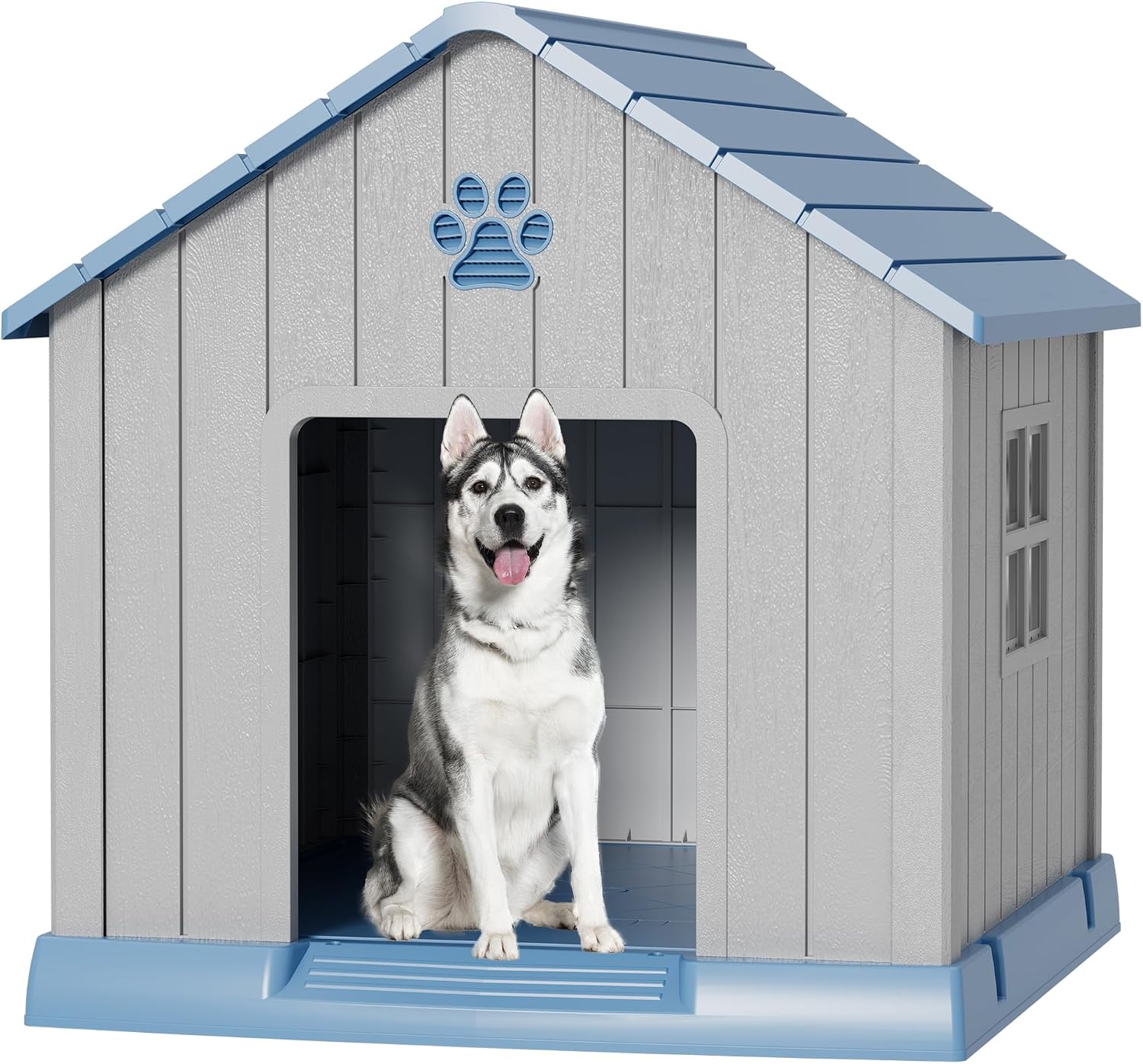 Ventilated resin cooling dog house with side window