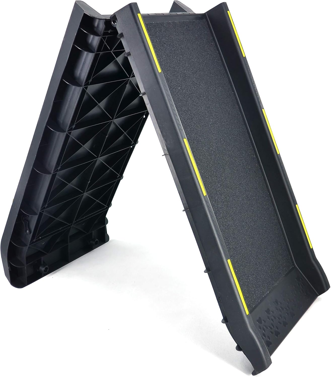 Bi-fold pet ramp for large dogs with safety tether and high-traction non-slip surface for cars and SUVs