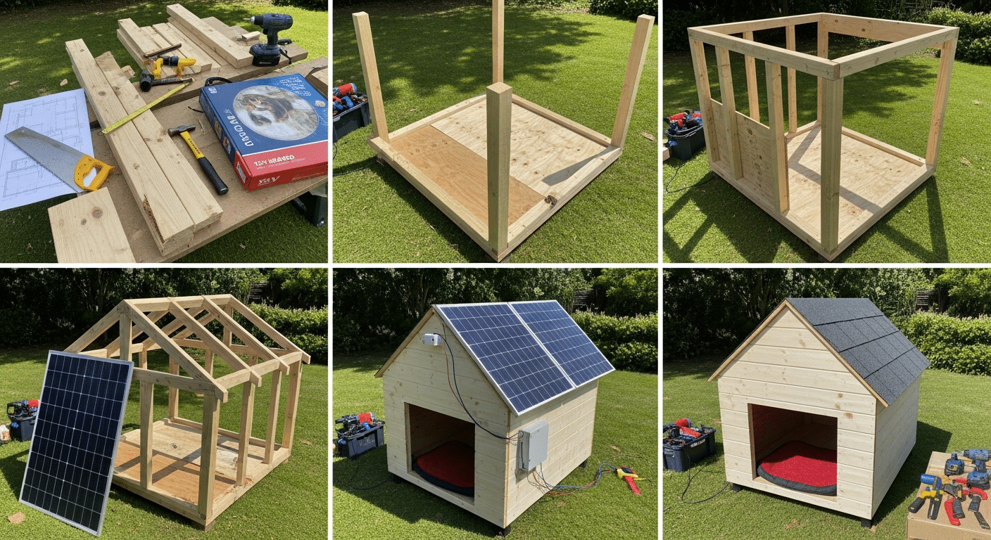 Building a solar heated dog house step by step — frame, solar panel and heated pad in a sunny backyard