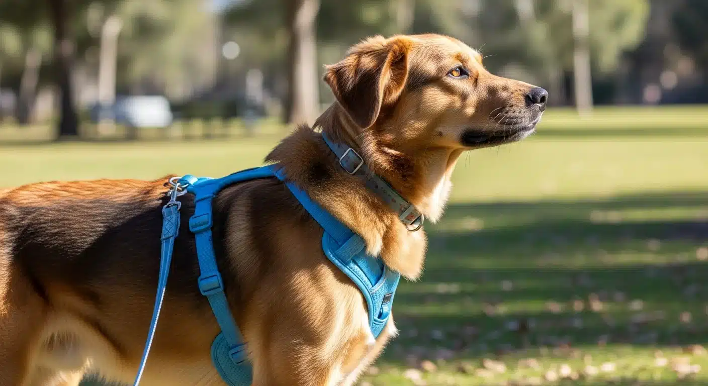 A dog wearing a snug escape-resistant multi-strap harness in a park, natural light