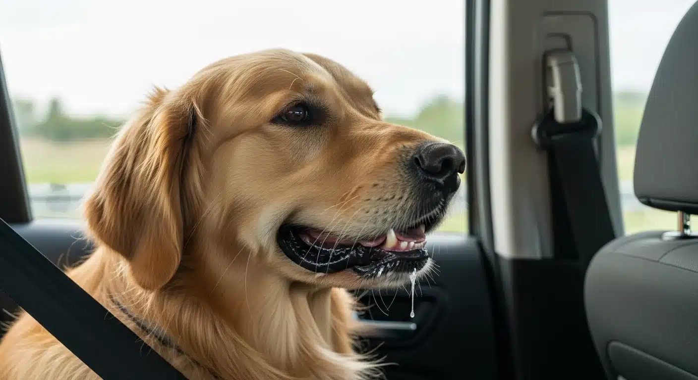 A dog looking uneasy and drooling slightly while seated in the back of a car, gazing out the window at the road