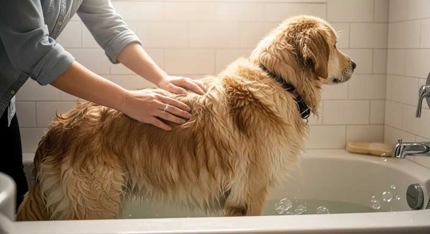 Dog being bathed with dog-safe shampoo in a clean bright bathtub