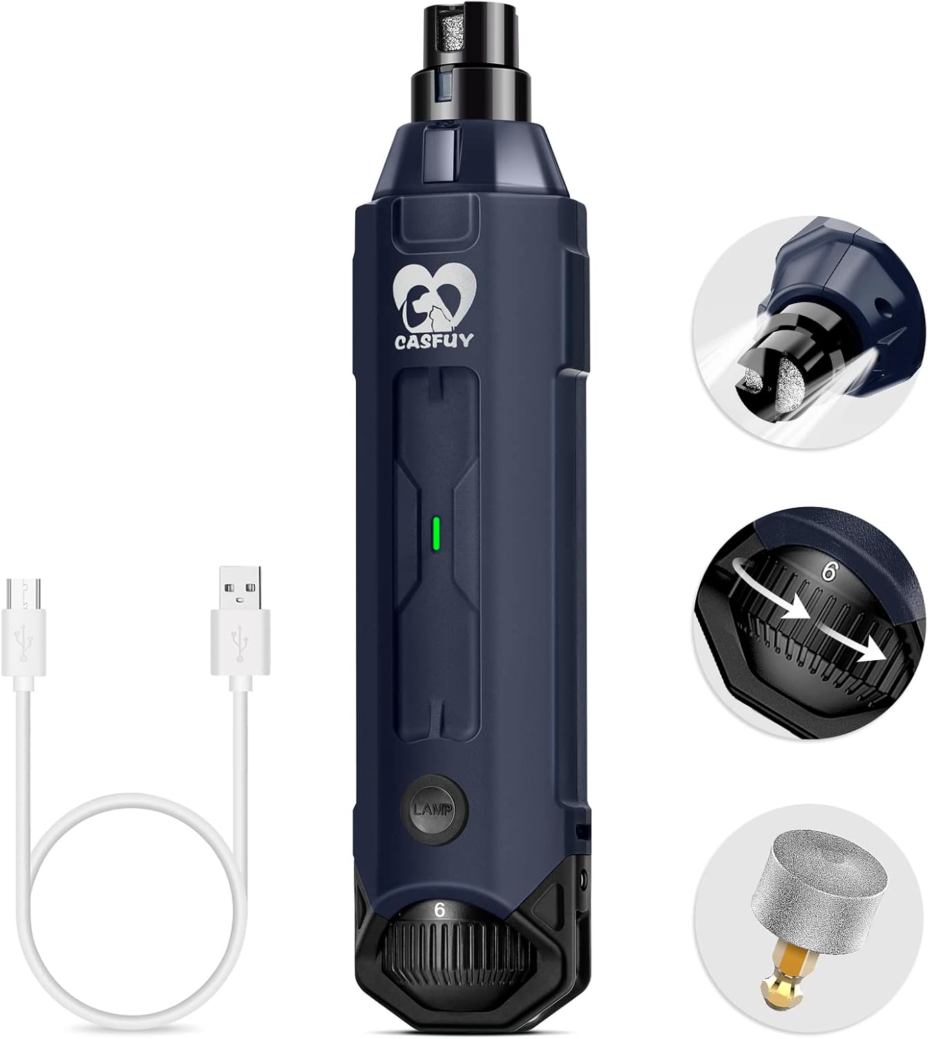 Casfuy 6-Speed dog nail grinder in navy blue with diamond drum bit, two LED lights, three-port cap and USB cable