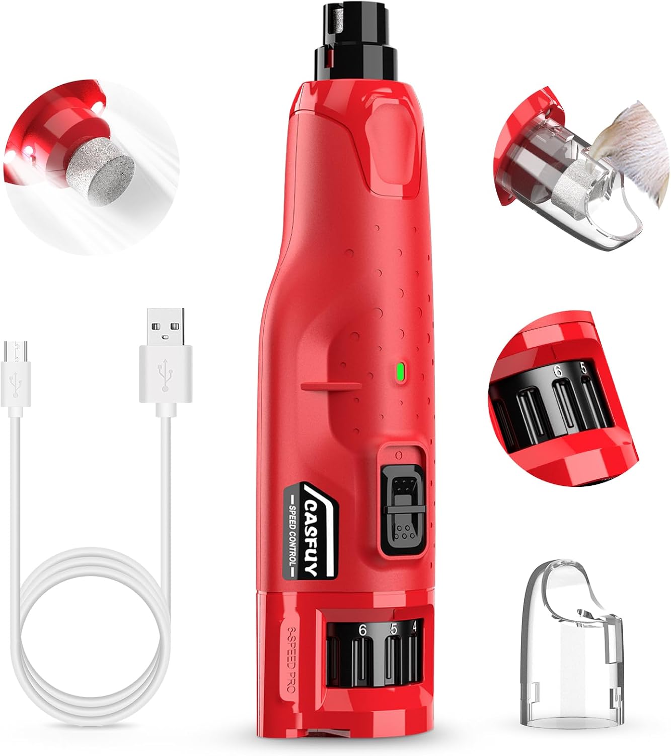 Casfuy quiet 6-speed rechargeable dog nail grinder with LED light