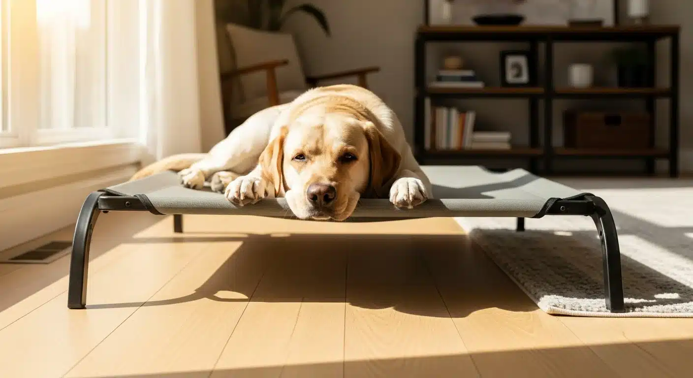 Large Labrador resting on a tough ripstop elevated dog cot in a bright living room