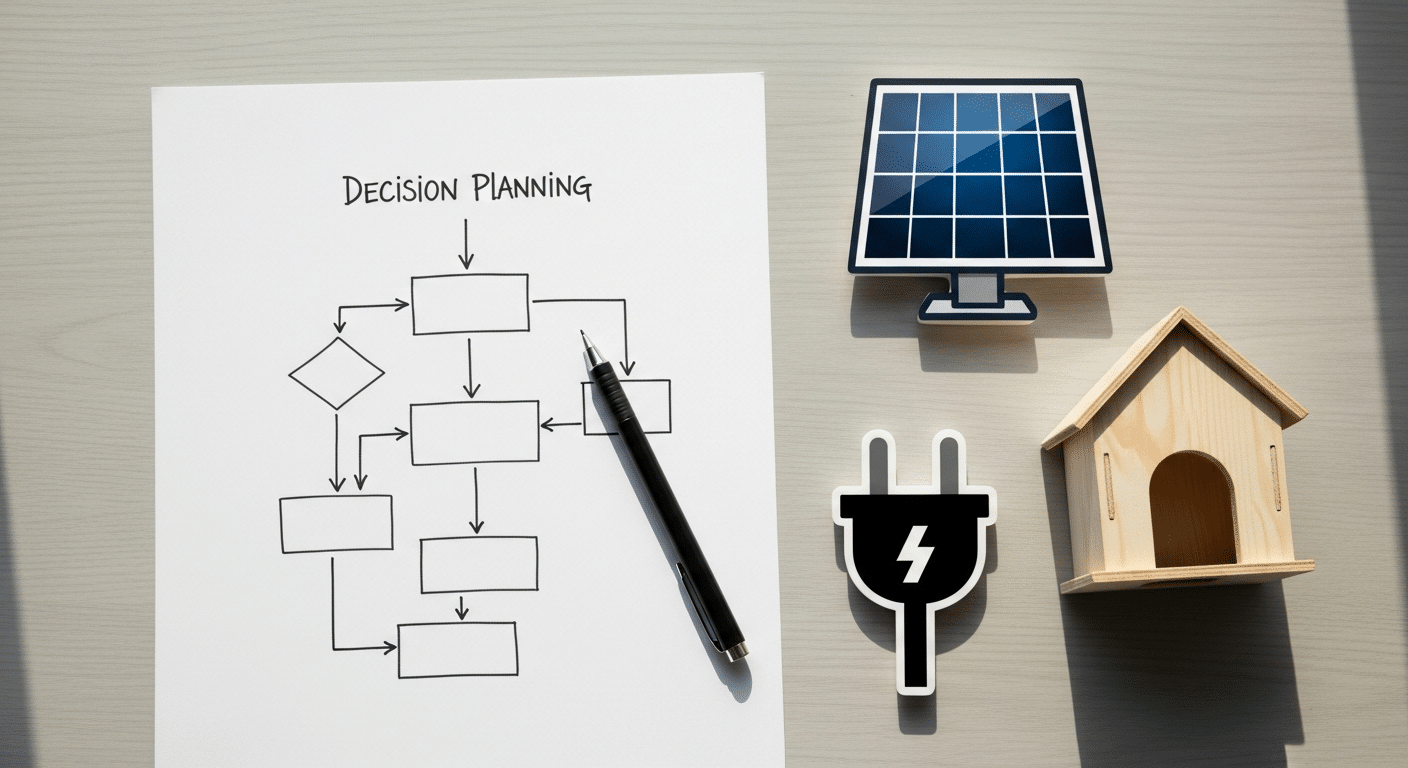 How to choose a solar or electric heated dog house decision guide — a flowchart sketch beside a solar panel, an electric plug icon and a small dog house model