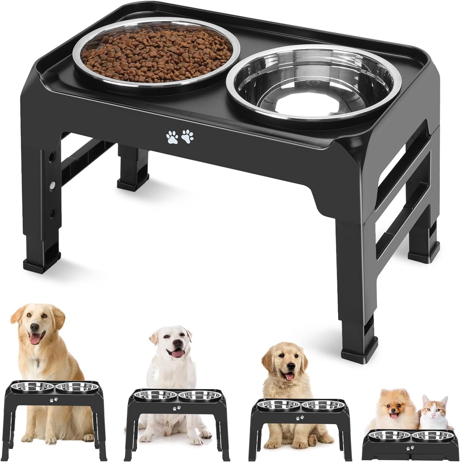 COMESOON adjustable elevated dog bowls in black with two thick 50oz stainless steel bowls shown at multiple heights from puppy to senior