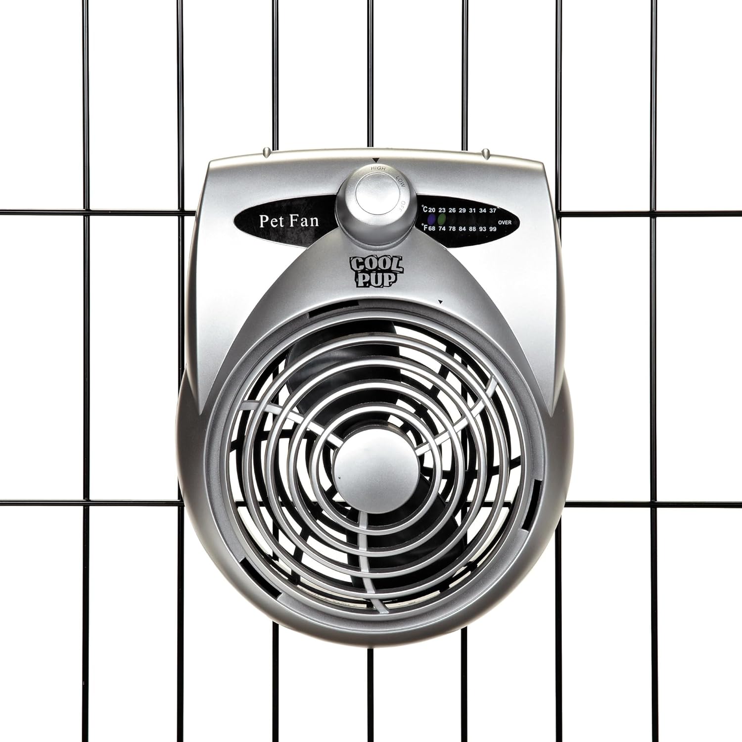 Cool Pup crate fan clipped onto a wire dog crate door