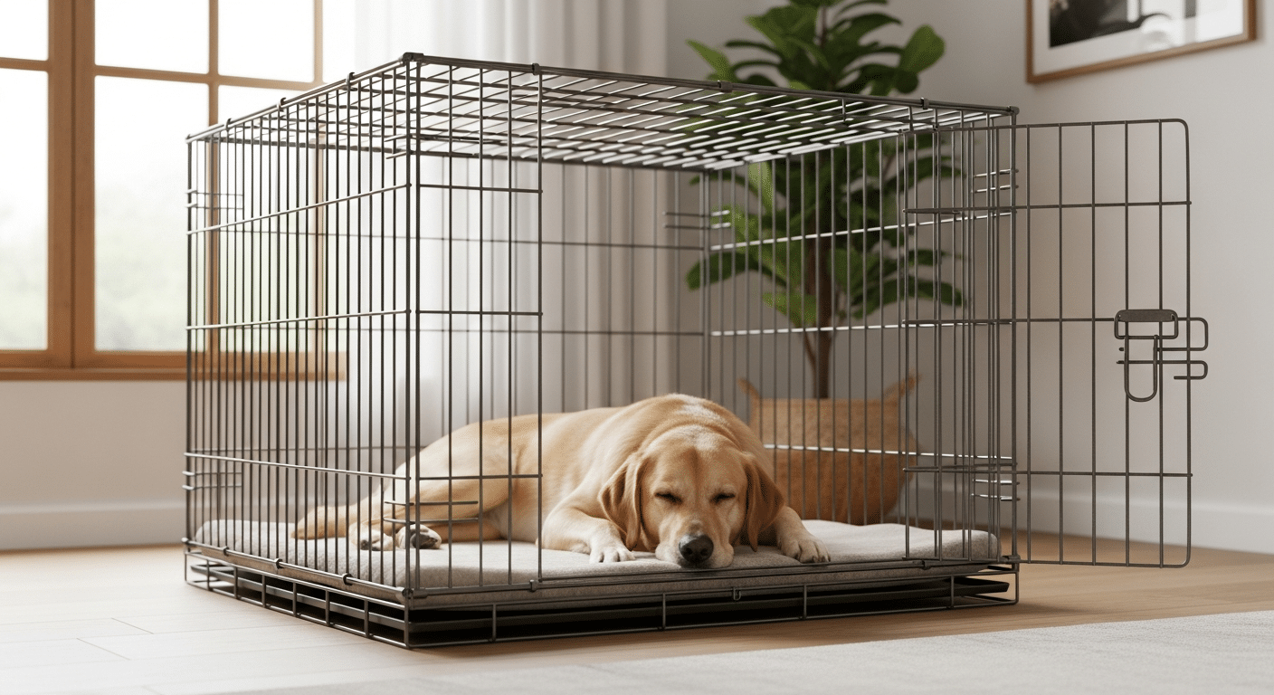 A dog in a crate that is too big, with empty space at one end — the setup that derails potty training