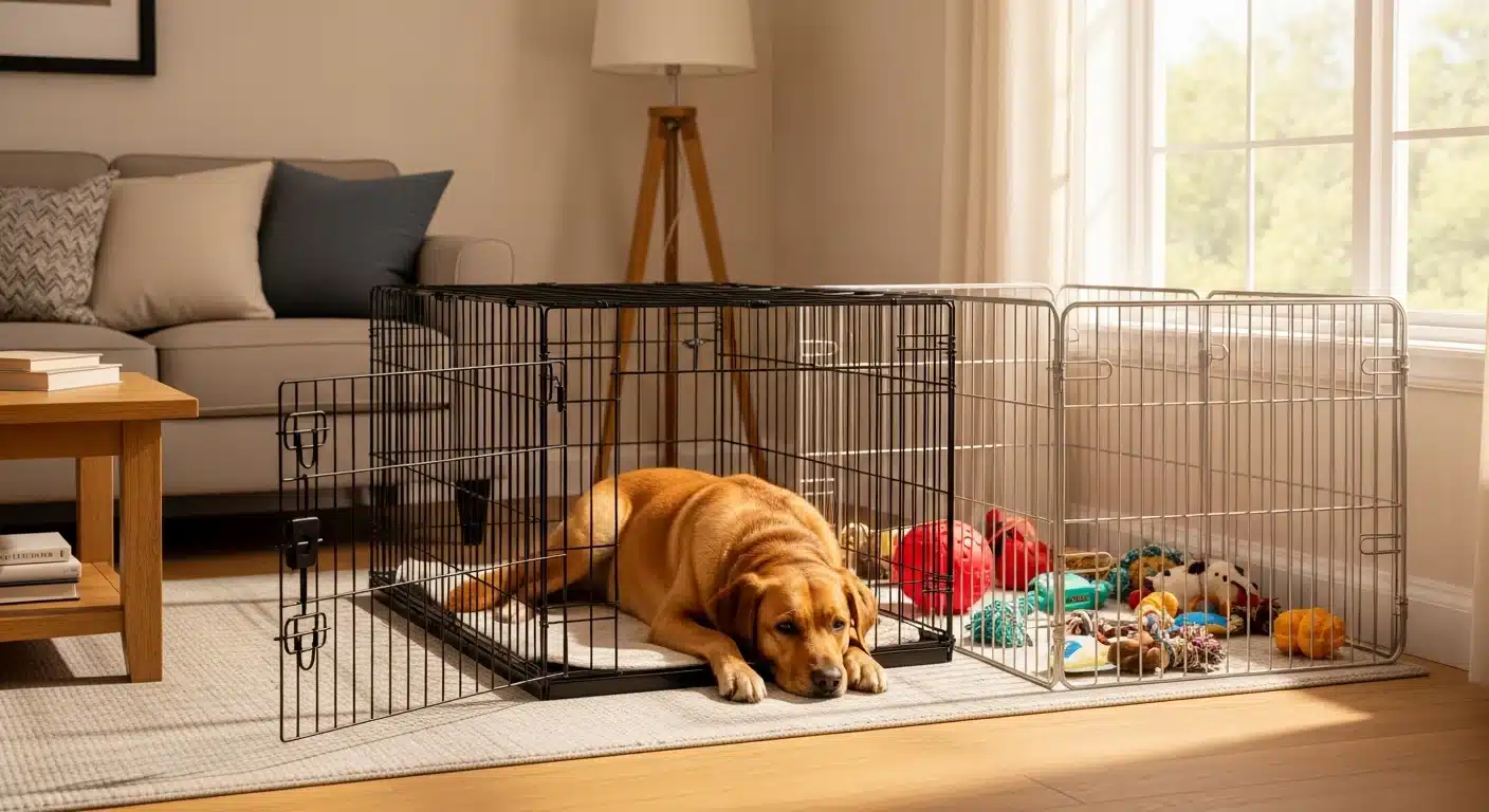 A dog resting in an open wire crate next to a metal exercise pen playpen with toys, in a cozy living room