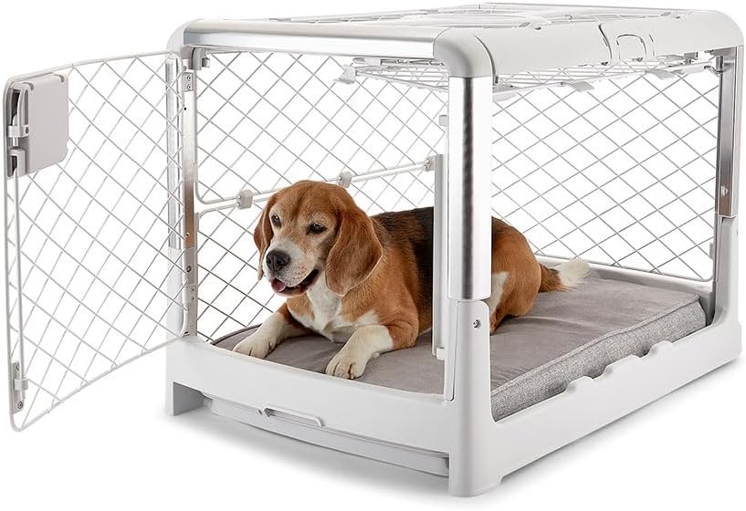 Diggs Revol dog crate in white with the garage-style side door open showing the removable base tray
