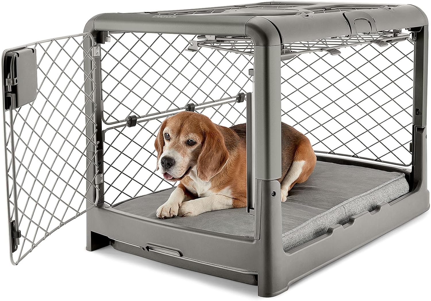 Diggs Revol collapsible dog crate with wheels in smoke grey aluminium