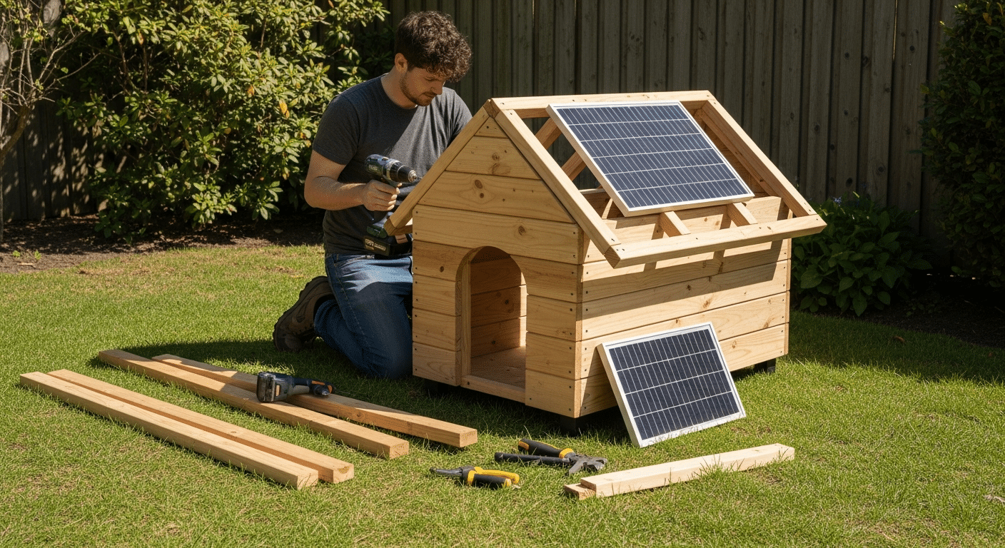 A first-time builder assembling a simple solar-panel-topped wooden dog house in a backyard with tools and lumber nearby