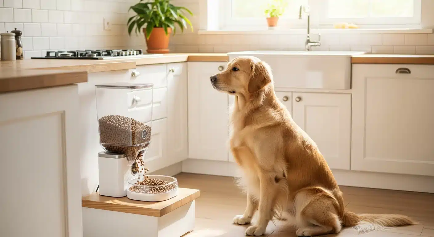 Dog sitting beside a modern automatic kibble dispenser feeder in a bright kitchen