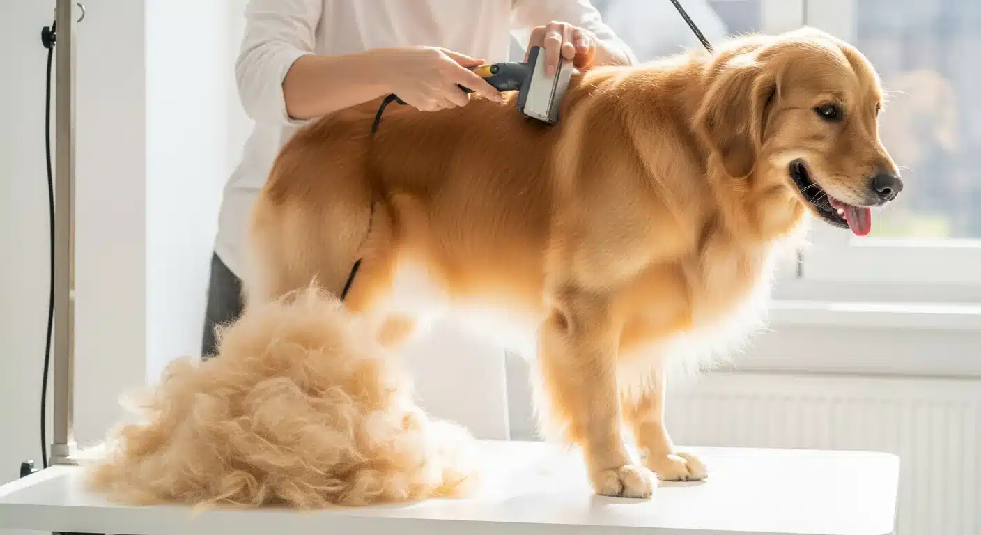 Golden retriever being groomed with a deshedding tool on a grooming table with a large pile of loose fur beside it