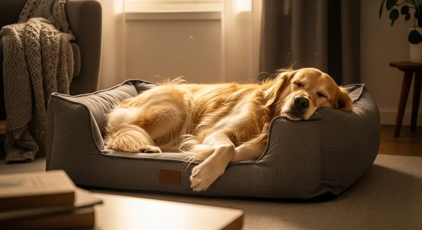 Large dog resting in a plush orthopedic dog bed in a warm living room