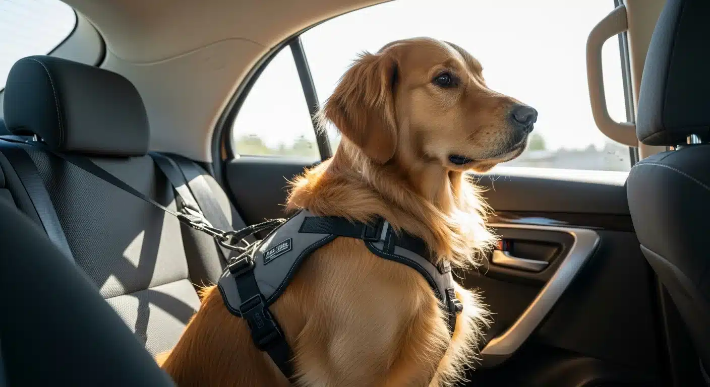 Dog safely secured in back seat wearing a crash-tested harness clipped to the car seatbelt