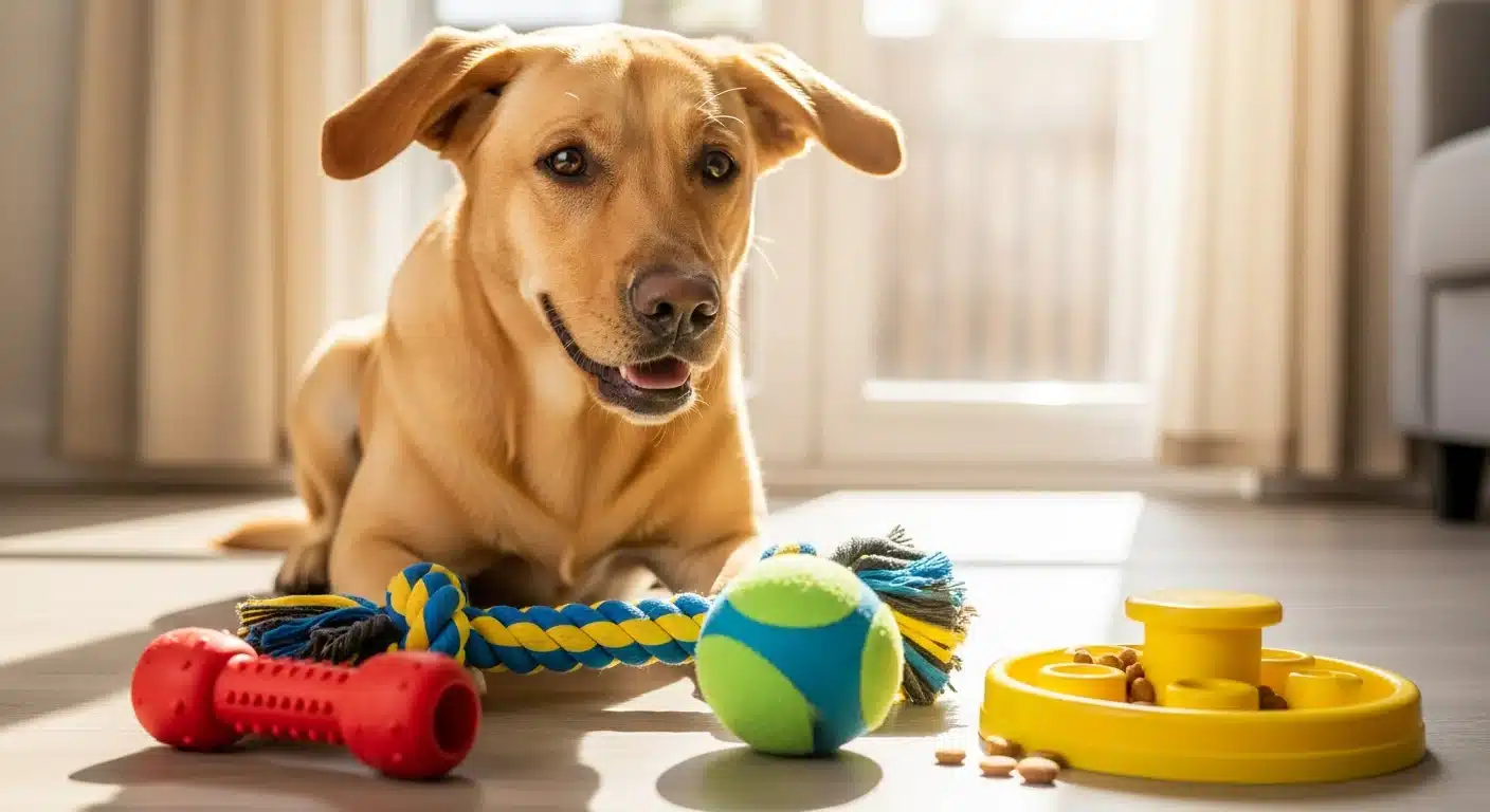 Happy Labrador sitting on a living room floor surrounded by a variety of dog toys including a rubber chew, rope tug, plush ball, and puzzle feeder