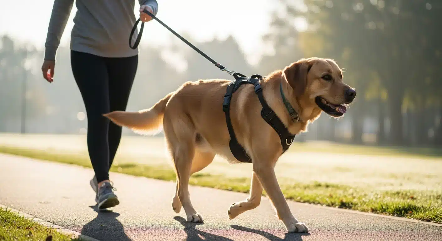 Dog wearing a front-clip no-pull harness on a morning walk with owner holding the leash