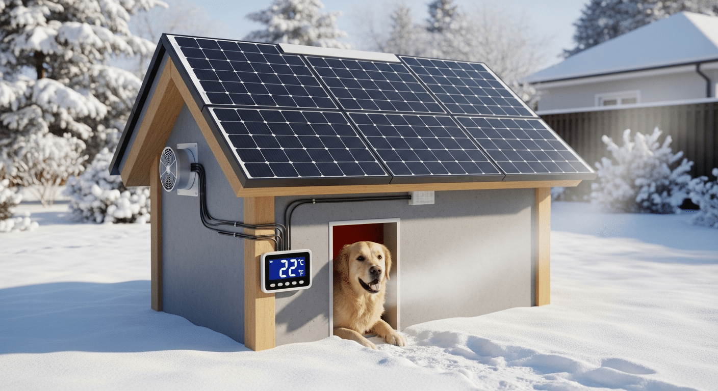 Do solar heated dog houses actually work test — solar-panel-topped dog house in snow with a thermometer