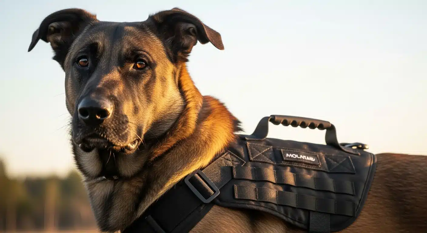 Large muscular dog wearing a black tactical harness with MOLLE webbing and grab handle outdoors at golden hour