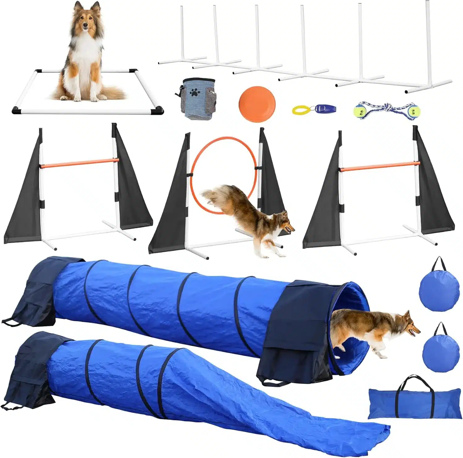 POPMOON Dog Agility Training Equipment Set for Backyard & Indoor, Adjustable Jumps, Collapsible Tunnels, 13 Pieces
