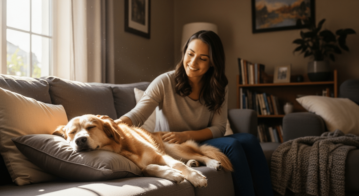 A relaxed dog being cared for at home by a friendly in-home pet sitter as a calm alternative to dog boarding